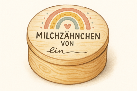 Holzdose zur Aufbewahrung von Milchzähnen mit Regenbogen und Namensfeld.