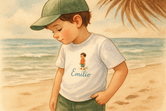 Junge am Strand mit personalisiertem T-Shirt mit Namen als Geschenk-Idee