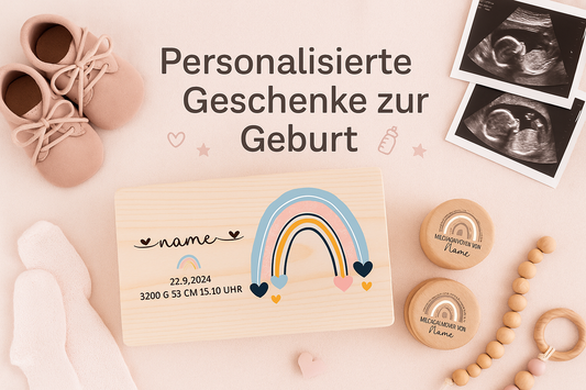 Personalisierte Erinnerungsbox zur Geburt mit Regenbogenmotiv und Geburtsdaten.