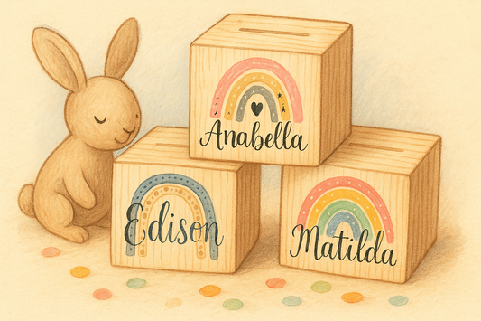 Personalisierte Spardosen aus Holz mit Regenbogenmotiv für Kinder  