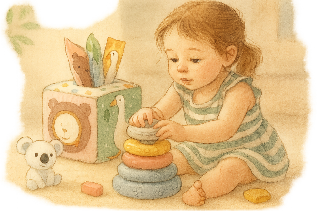 Baby entdeckt Sensorikspielzeug mit Stapelringen und Fühlwürfel.