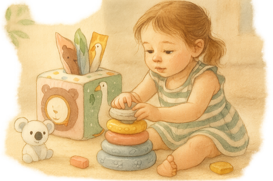 Baby entdeckt Sensorikspielzeug mit Stapelringen und Fühlwürfel.