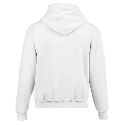 Rückansicht des weißen Kinder Hoodies ohne Aufdruck. Ideal zum Personalisieren mit Skateboarder-Motiv und Namen für kleine Skater.