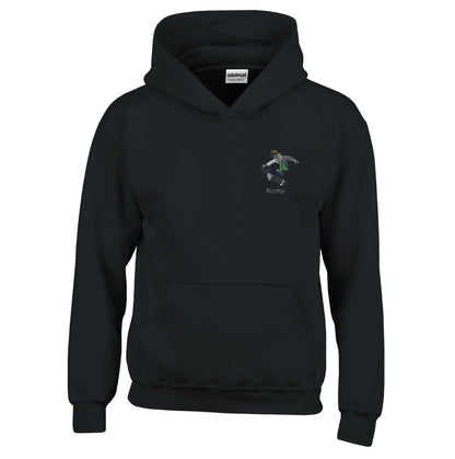 Schwarzer Hoodie für Kinder mit Skateboarder-Stickerei und personalisierbarem Namen. Stylische und robuste Skater-Bekleidung für Kids.