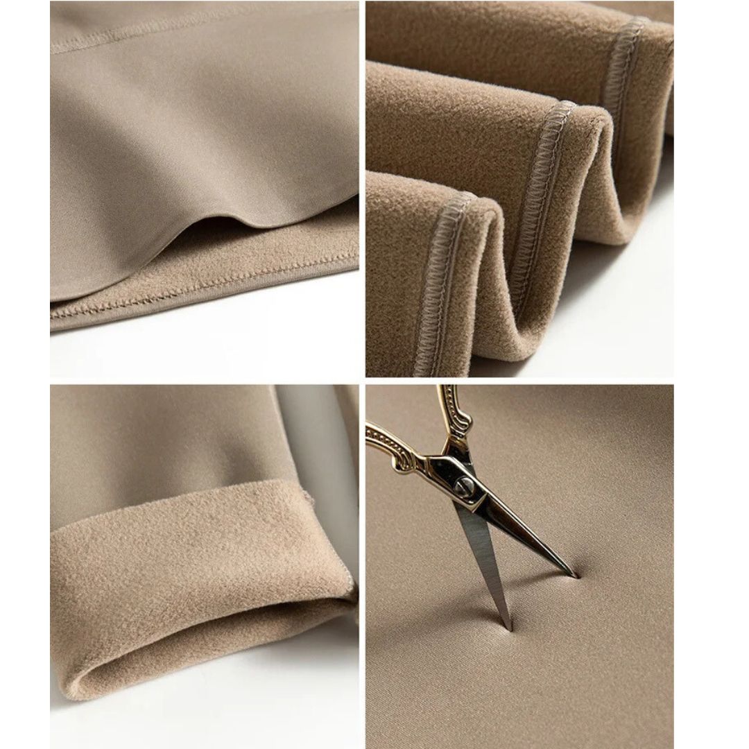 Materialdetails der Thermo Leggings Winter mit Fleece-Futter, elastischem Stoff und hoher Strapazierfähigkeit. Ideal für Damen.