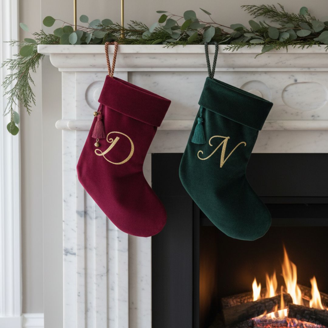 Personalisierter Nikolausstrumpf aus grünem Samt am Kamin