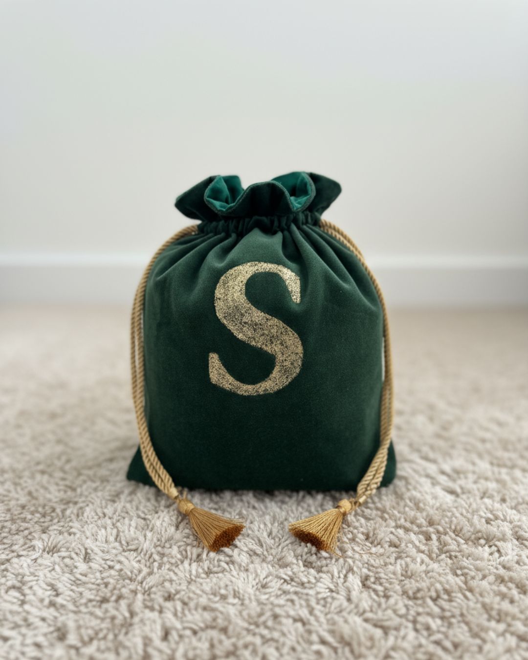 Personalisierter Beutel Smaragdgrün Weihnachten - Nachhaltige Geschenkidee Samt-Stoff handgemacht Schweiz