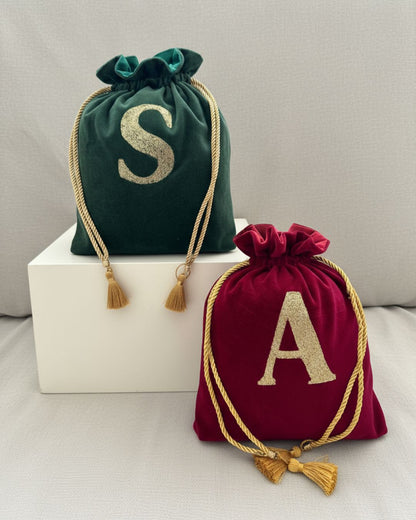Luxus Geschenksäcke personalisiert handgefertigt - Samt-Weihnachtssäcke mit Goldkordel und Quasten Sandrian