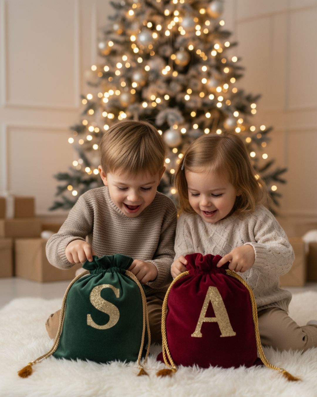 Personalisierte Samt-Geschenksäcke Sandrian handgefertigt Schweiz - Kinder mit grünem und rotem Weihnachtssack 