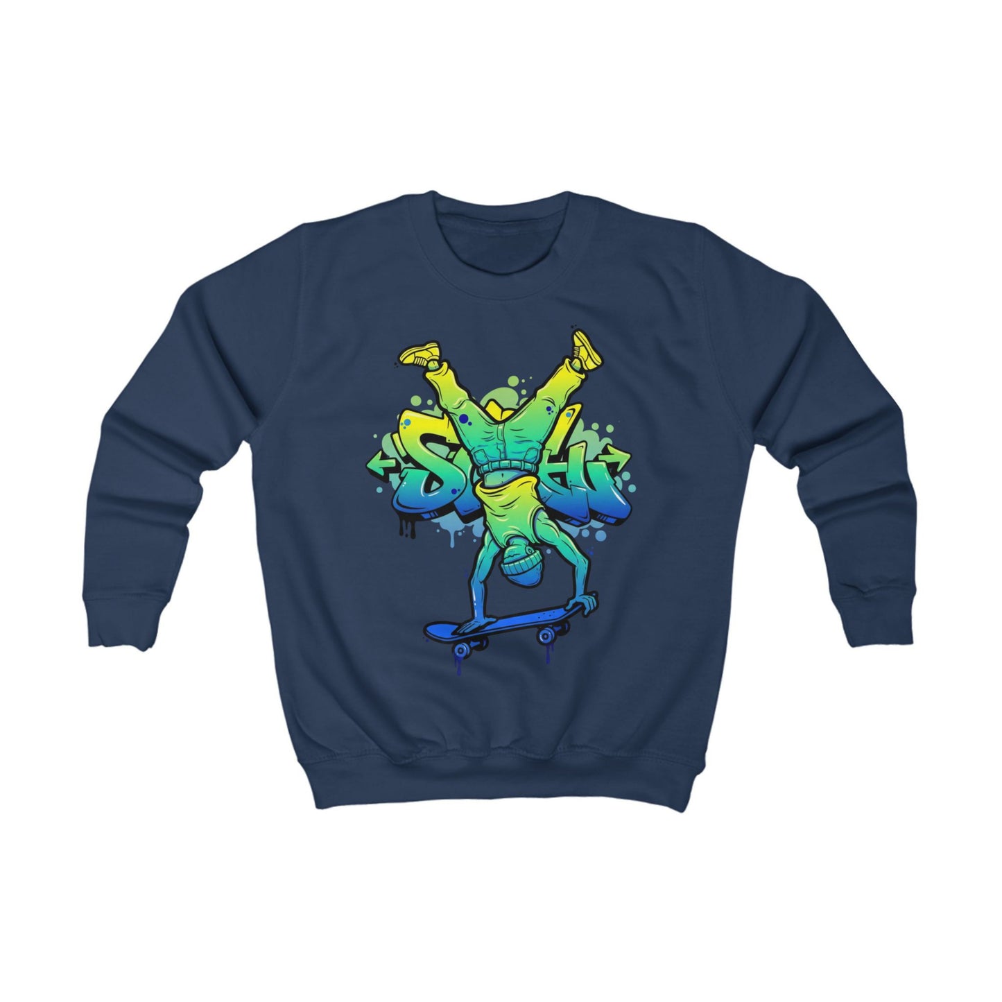Blaues Kinder-Sweatshirt mit Graffiti-Skateboarder Vorderansicht - Skateboard Fashion