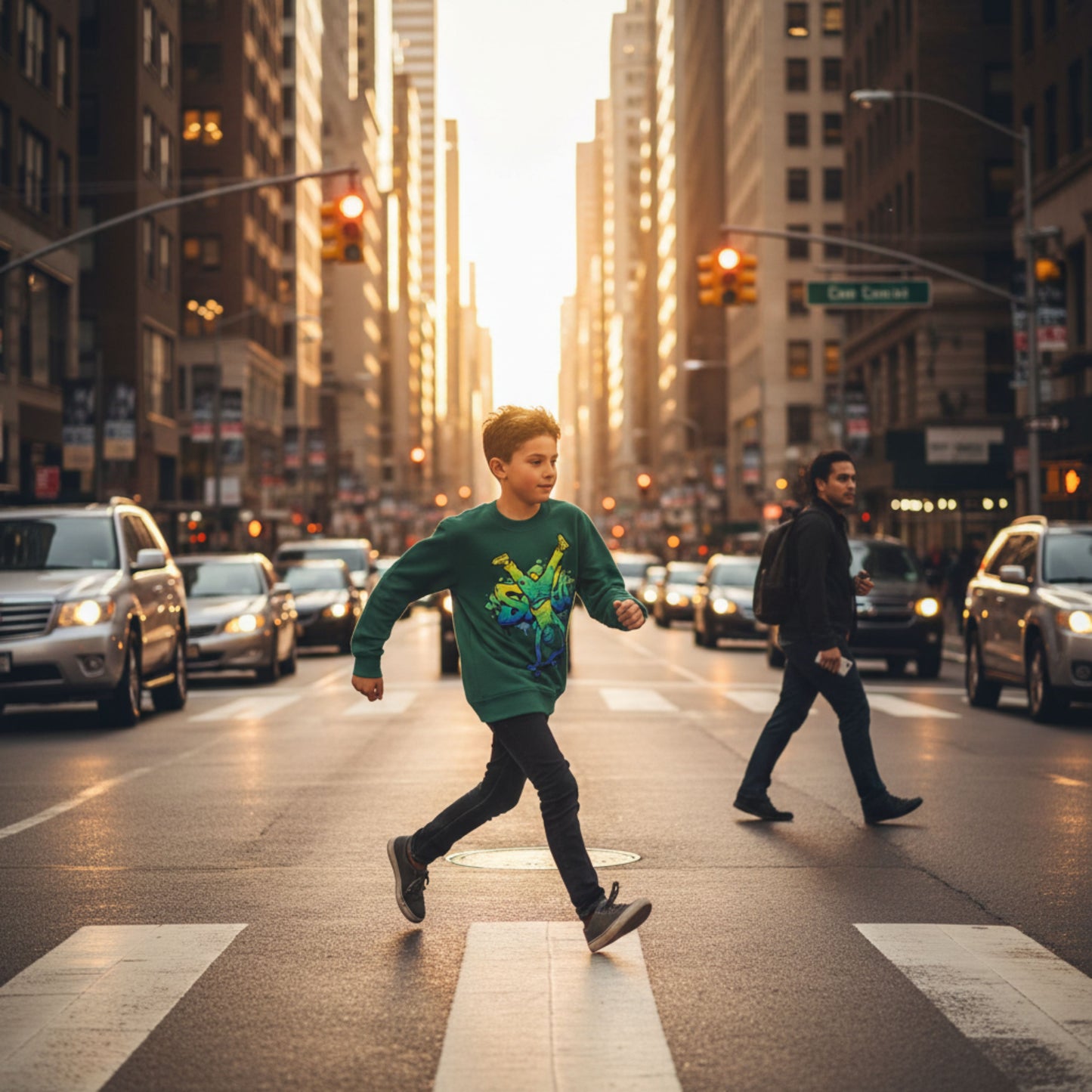 Junge im grünen Sweatshirt mit Graffiti-Skateboarder- Stylische Kindermode von Kiddoskiste