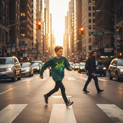 Junge im grünen Sweatshirt mit Graffiti-Skateboarder- Stylische Kindermode von Kiddoskiste
