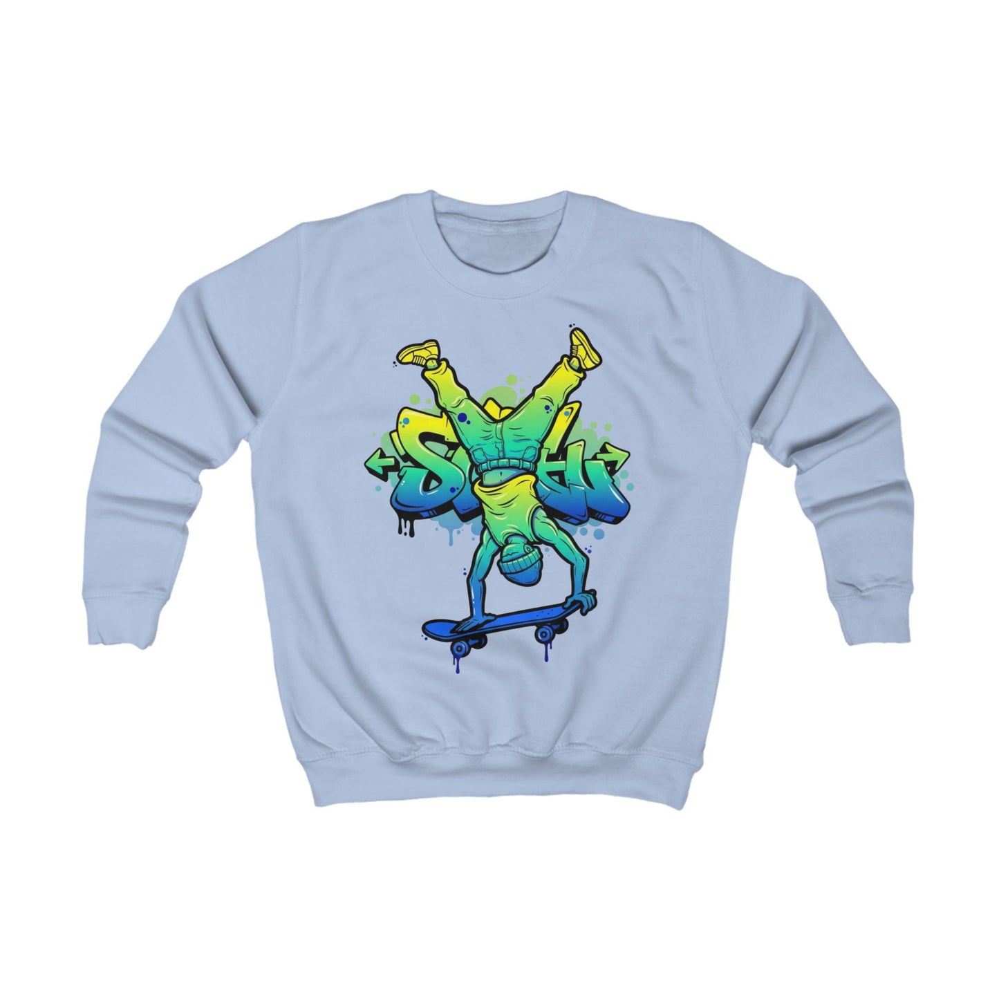 Hellblaues Kinder-Sweatshirt mit Graffiti-Skateboarder Vorderansicht - Trendy Kindermode