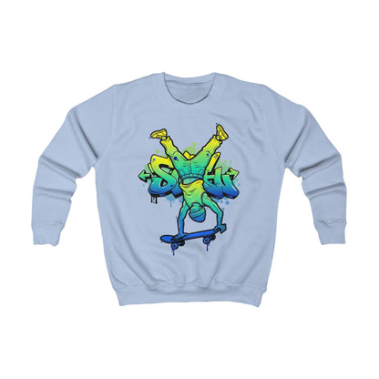 Hellblaues Kinder-Sweatshirt mit Graffiti-Skateboarder Vorderansicht - Trendy Kindermode