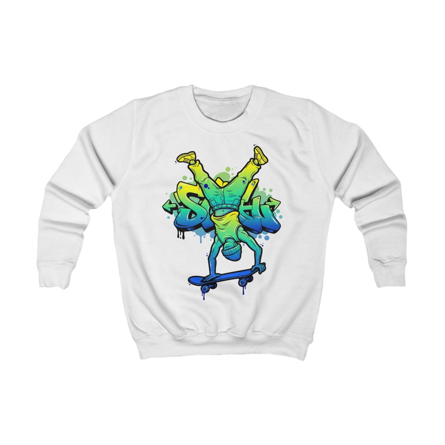 Weißes Kinder-Sweatshirt mit Graffiti-Skateboarder Vorderansicht - Coole Kinderkleidung