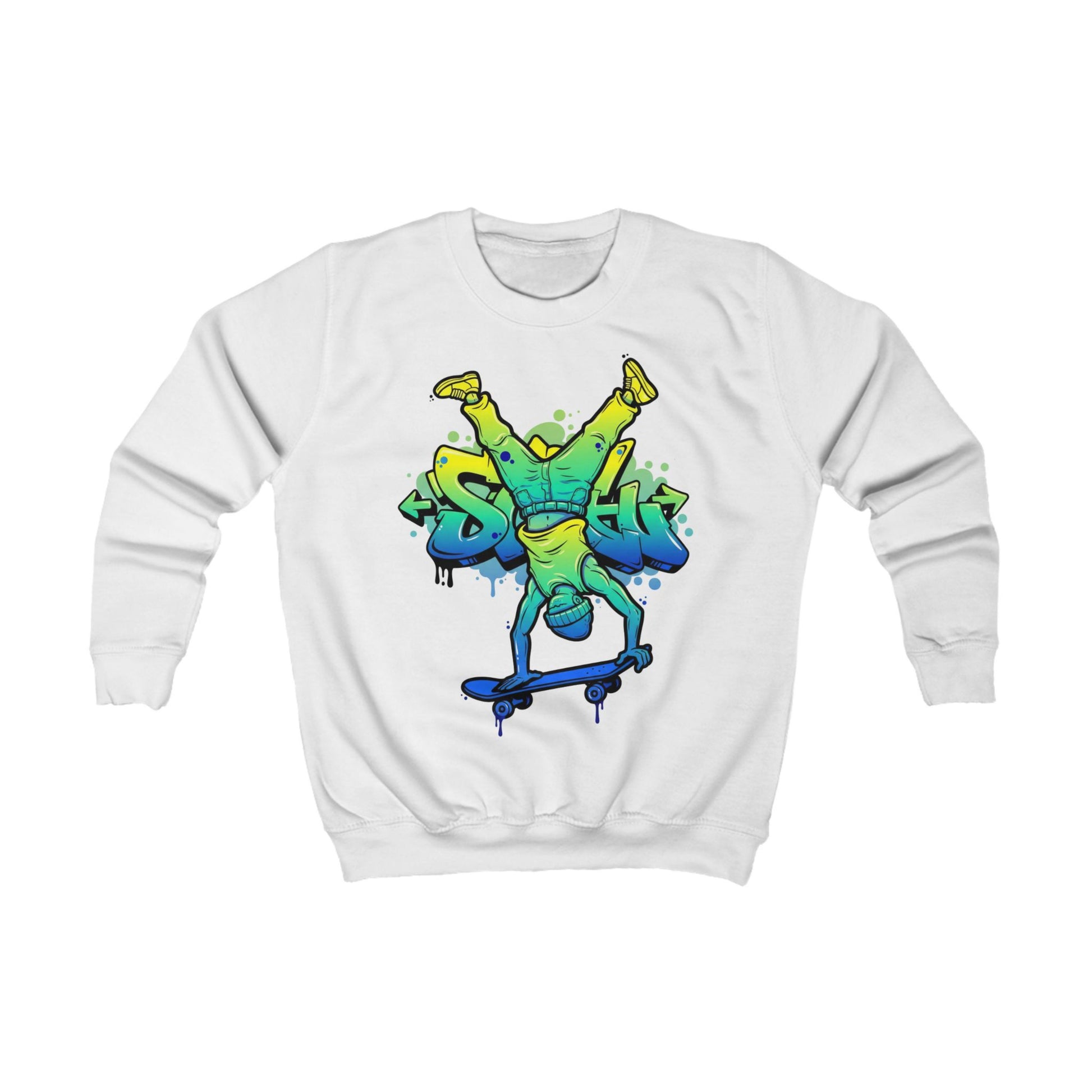 Weißes Kinder-Sweatshirt mit Graffiti-Skateboarder Vorderansicht - Coole Kinderkleidung