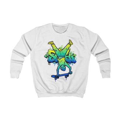 Weißes Kinder-Sweatshirt mit Graffiti-Skateboarder Vorderansicht - Coole Kinderkleidung