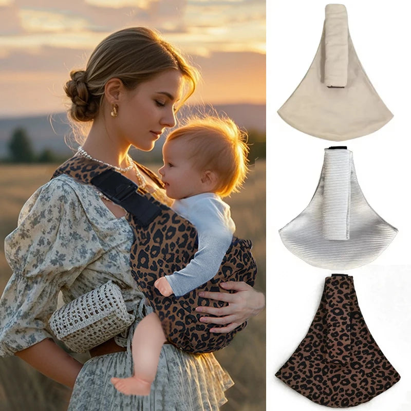Mutter mit Baby in Hüfttrage mit Leopardenmuster – daneben Varianten in Beige, Weiß und Leo-Design, verstellbar ab 9 Monate.
