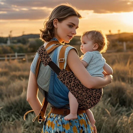 Mama trägt Baby in verstellbarer Hüfttrage mit Leopardenmuster bei Sonnenuntergang – Hüfttrage verstellbar ab 9 Monate von Kiddoskiste.