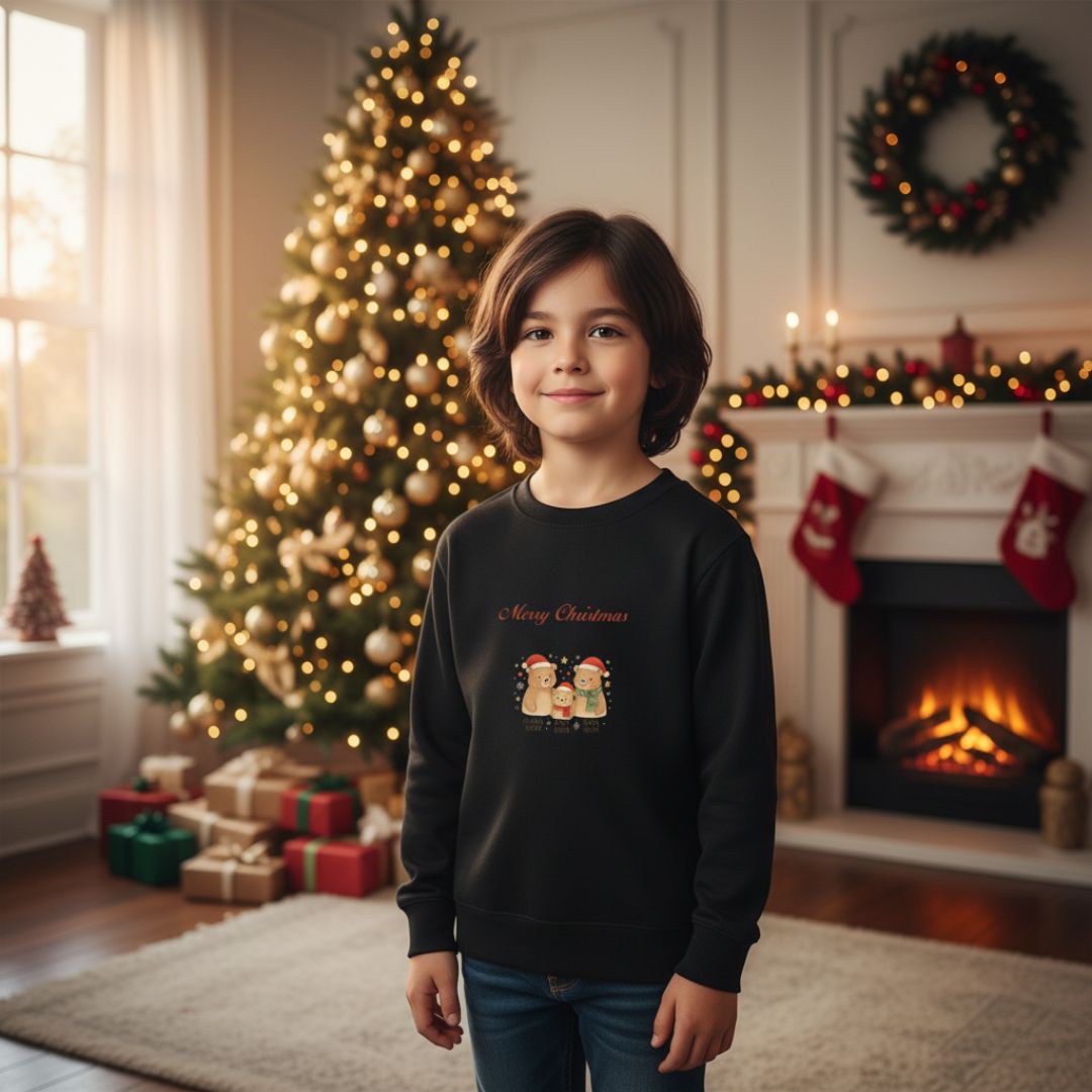 Junge trägt das schwarze Weihnachts Sweatshirt - Bärenfamilie vor einem Weihnachtsbaum. Bequemer Pullover für festliche Anlässe und Familienfeiern.