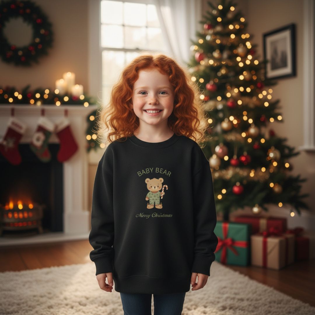 Mädchen mit rotem Haar trägt das schwarze Weihnachts Sweatshirt - Bärenfamilie mit 'Baby Bear'-Design. Nachhaltige und gemütliche Kinderbekleidung zu Weihnachten.
