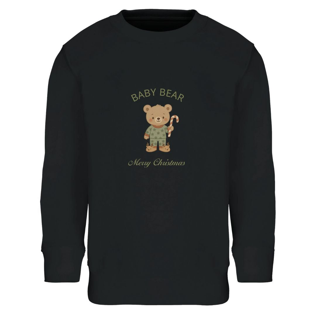 Schwarzes Kinder Sweatshirt mit 'Baby Bear'-Design und Weihnachtsmotiv. Umweltfreundlicher Pullover für festliche Wintertage.