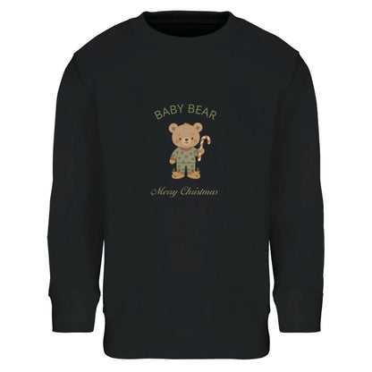 Schwarzes Kinder Sweatshirt mit 'Baby Bear'-Design und Weihnachtsmotiv. Umweltfreundlicher Pullover für festliche Wintertage.