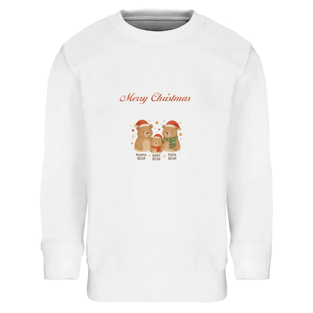 Weißes Weihnachts Sweatshirt - Bärenfamilie mit Mama, Papa und Baby Bär. Perfektes Outfit für festliche Familienmomente und nachhaltige Kinderkleidung.