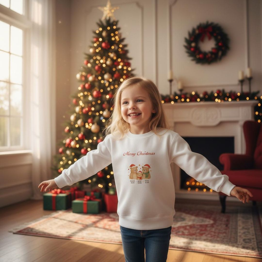 Mädchen in weißem Weihnachts Sweatshirt - Bärenfamilie mit fröhlichem Design vor einem Weihnachtsbaum. Ideal für nachhaltige und bequeme Kinderkleidung.
