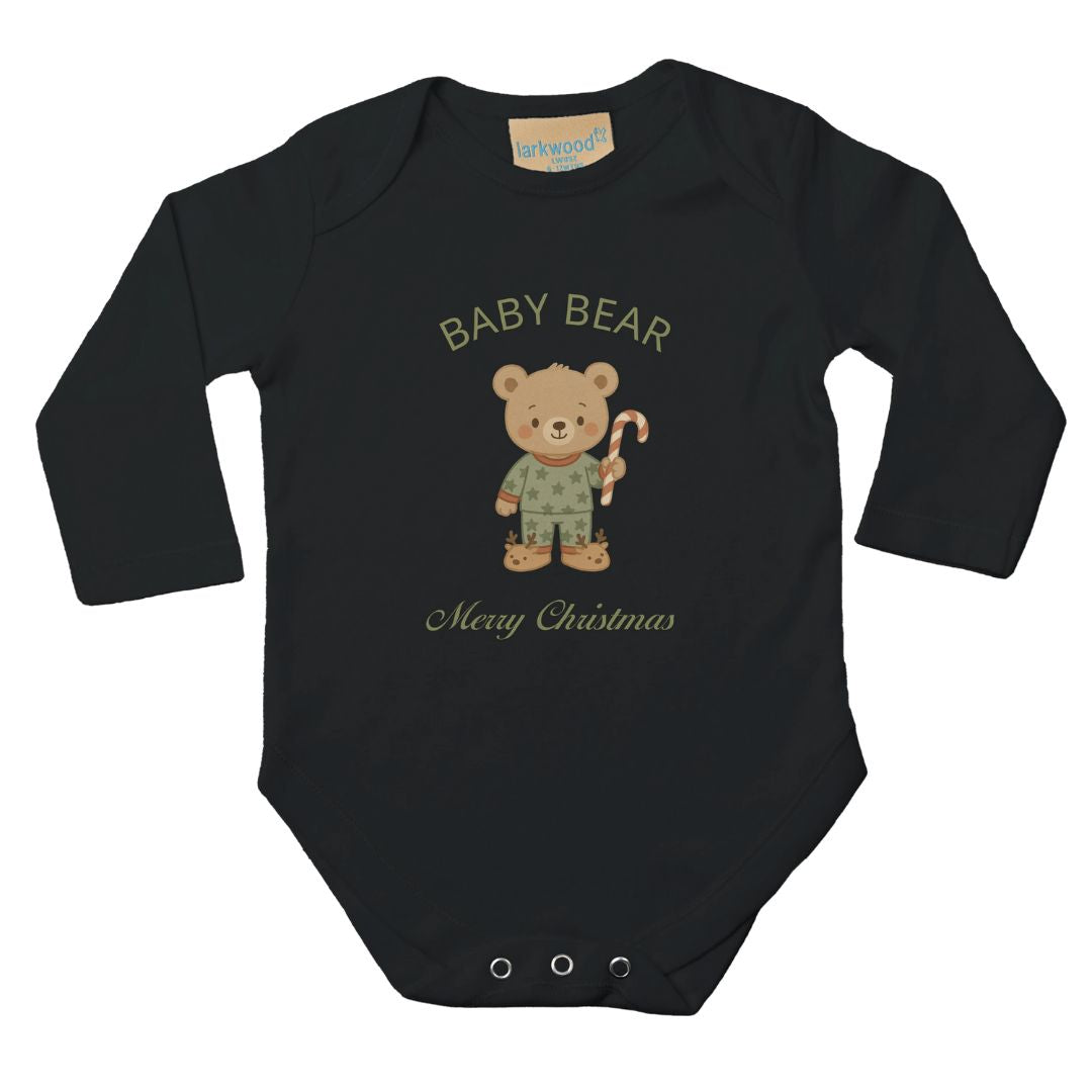 Schwarzer Weihnachtsstrampler Baby - Bärenfamilie mit Babybär-Print und Zuckerstange. Langarm, 100% Baumwolle, ideal für festliche Baby-Outfits.