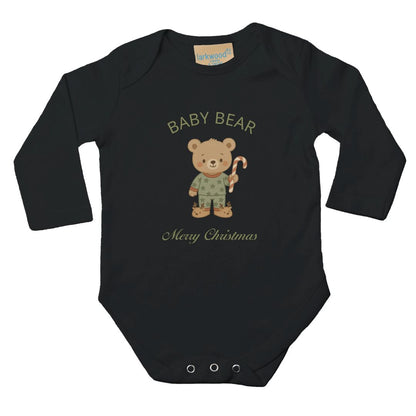 Schwarzer Weihnachtsstrampler Baby - Bärenfamilie mit Babybär-Print und Zuckerstange. Langarm, 100% Baumwolle, ideal für festliche Baby-Outfits.