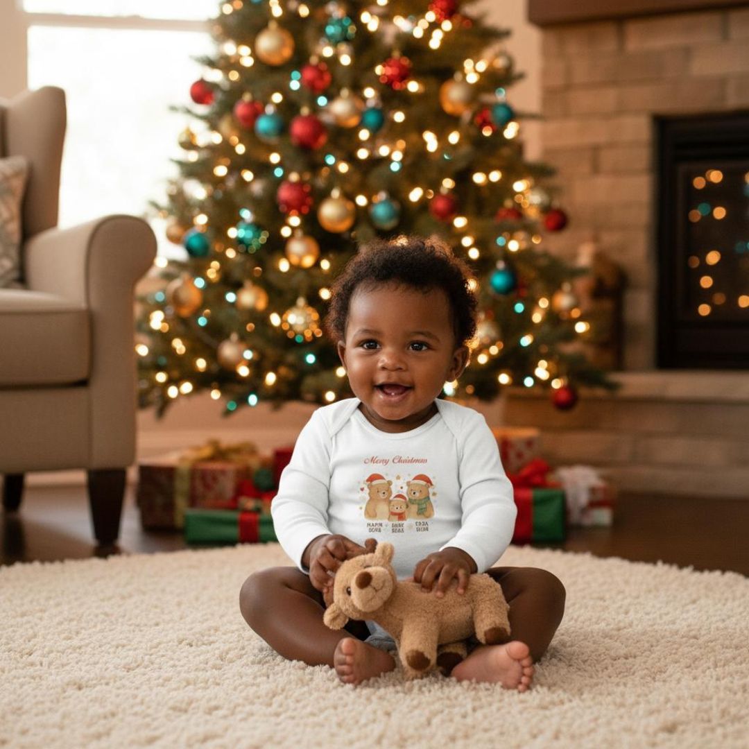 Baby trägt weißen Weihnachtsstrampler mit Bärenfamilie vor Weihnachtsbaum. Ideal für festliche Anlässe, 100% Baumwolle, langärmlig.