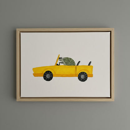 Handgemaltes Auto Leinwandbild in Gelb mit Rahmen für Kinderzimmer - Auto Wandbild auf Canvas