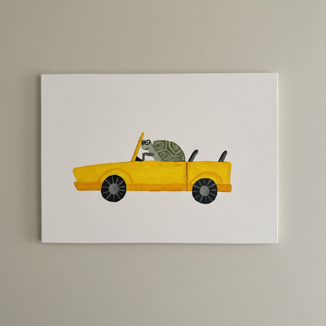 Handgemaltes Auto Leinwandbild in Gelb für Kinderzimmer - Auto Wandbild auf Canvas