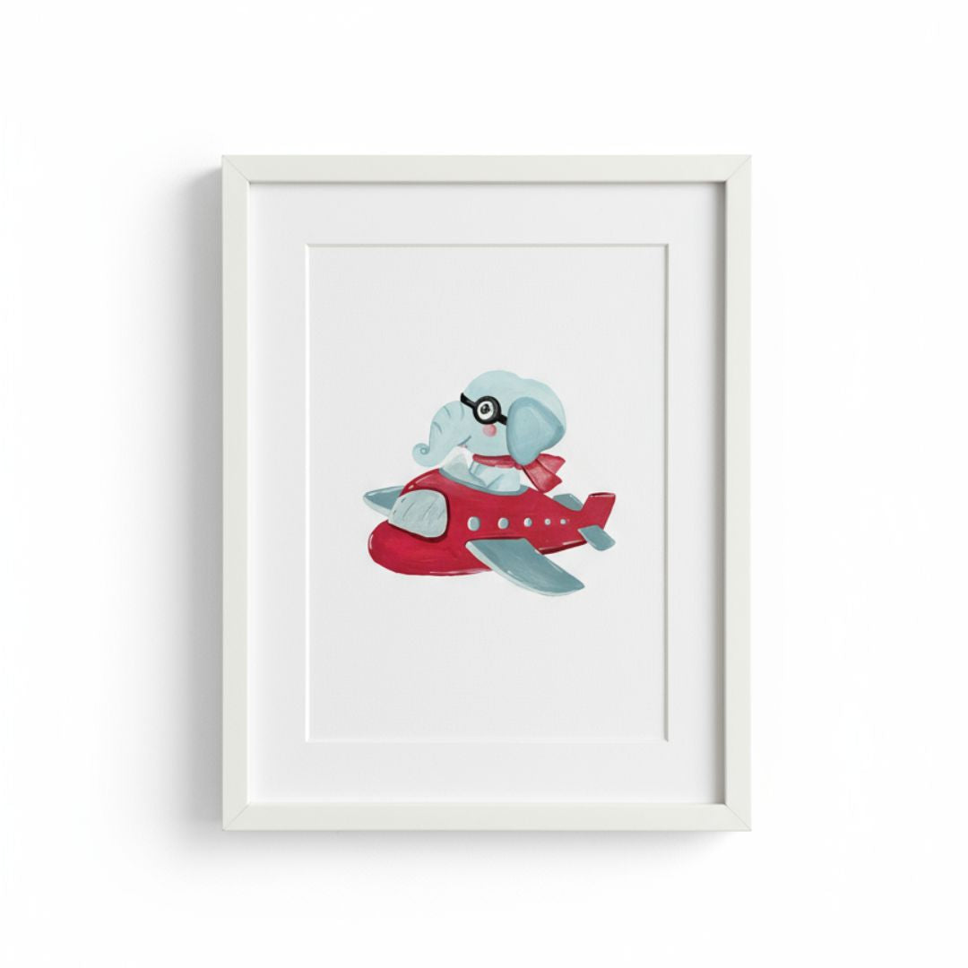 Handgemaltes Flugzeug Leinwandbild mit Elefant für Kinderzimmer eingerahmt - Flugzeug Wandbild auf Canvas