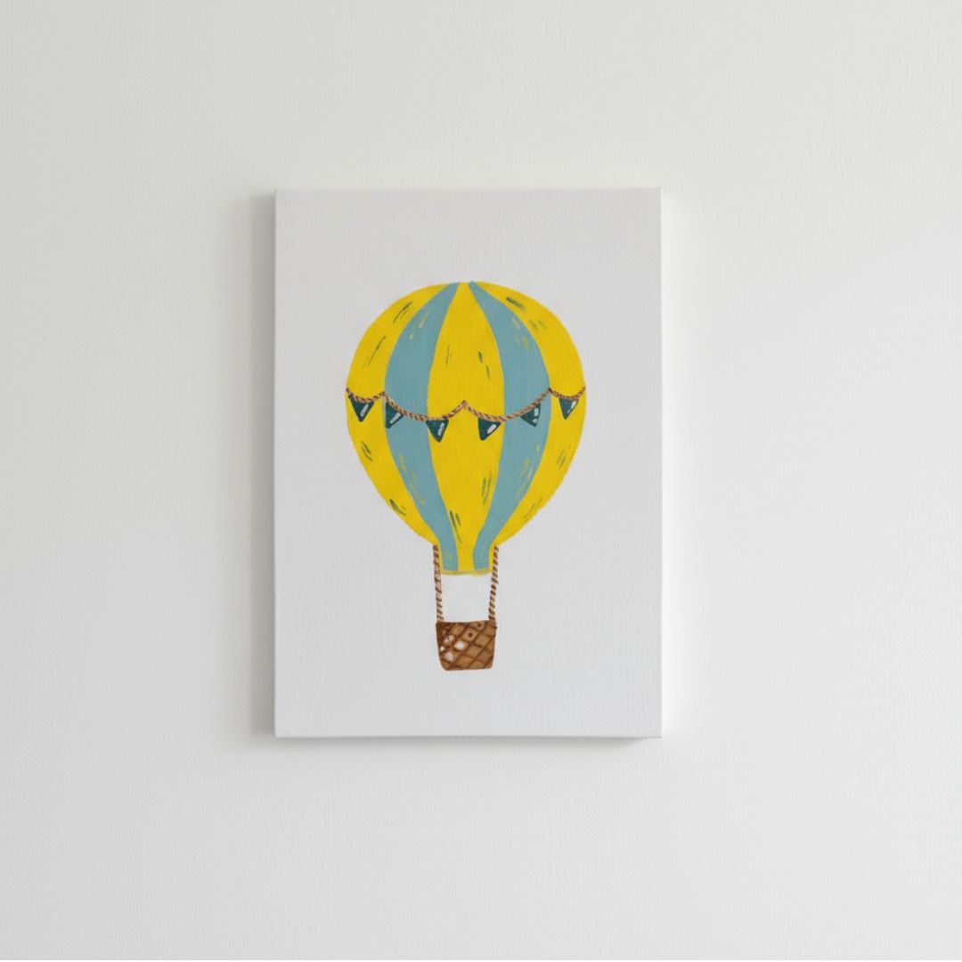 Handgemaltes Heißluftballon Leinwandbild in gelb für Kinderzimmer - Ballon Wandbild auf Canvas