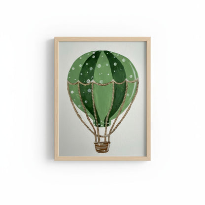 Handgemaltes Heißluftballon Leinwandbild in Grün mit Rahmen für Kinderzimmer - Ballon Wandbild auf Canvas