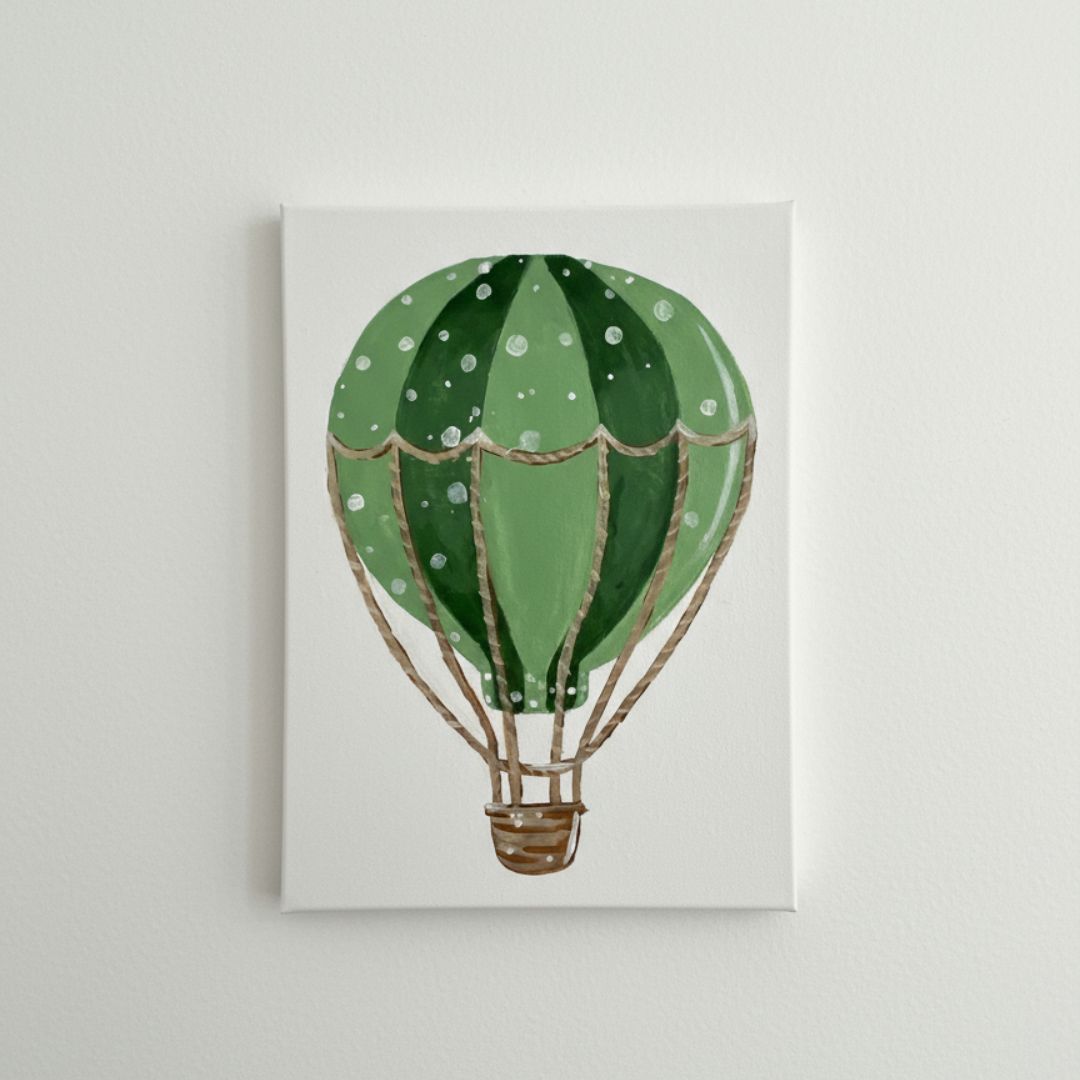 Handgemaltes Heißluftballon Leinwandbild in Grün für Kinderzimmer - Ballon Wandbild auf Canvas