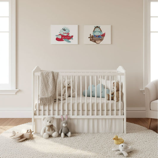 Handgemaltes Nilpferd und Elefant Pilot Leinwandbild für Kinderzimmer - Tier Wandbild auf Canvas