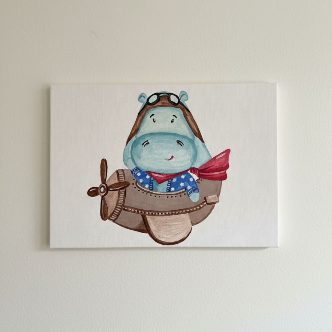 Handgemaltes Nilpferd Pilot Leinwandbild für Kinderzimmer - Tier Wandbild auf Canvas