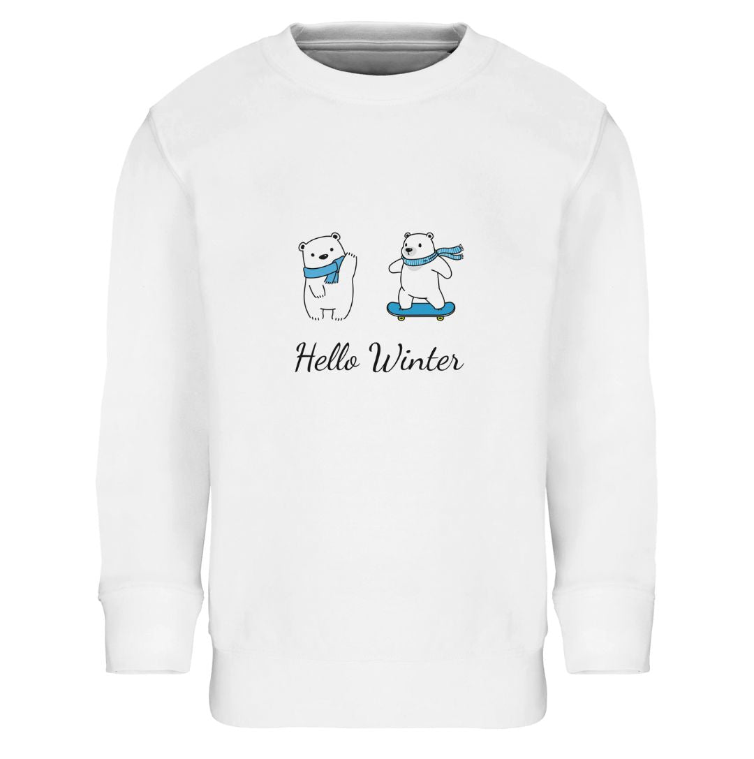 Hello Winter Kinder Pullover weiß - Baumwolle Sweatshirt mit gebürstetem Fleece-Futter
