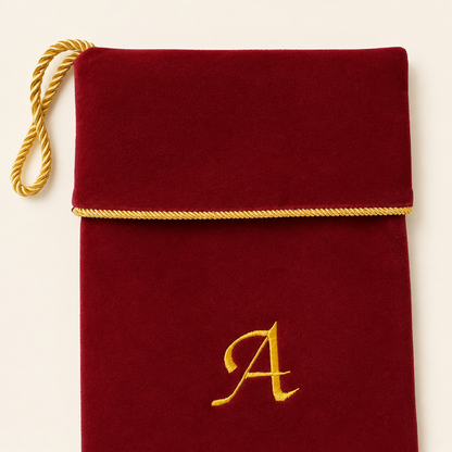 Nikolausstrumpf Samt rot handgefertigt – mit goldenen Buchstaben bestickt, goldene Paspel, ca. 43×17 cm